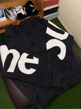 Black Supreme Hoodie with White Sleeve Lettering - Men